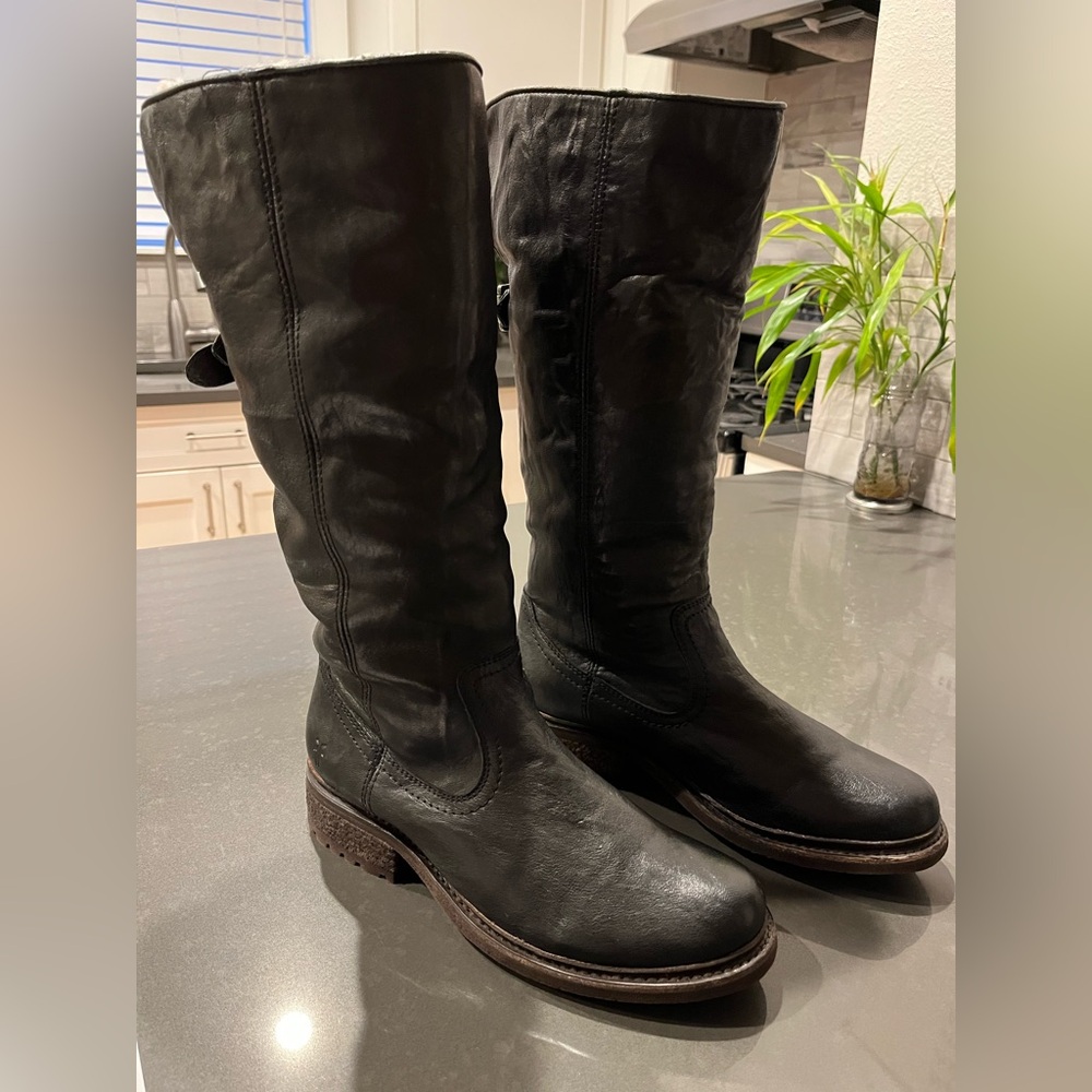 Frye Valerie Black Leather Shearling Lined Tall Boots Biker Winter Warm